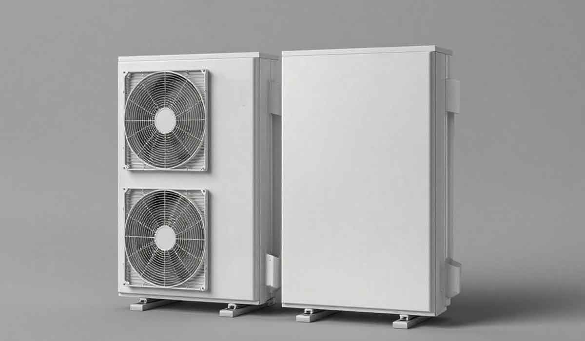 Outdoor HVAC condenser and matching cabinet unit shown in a clean product-style render
