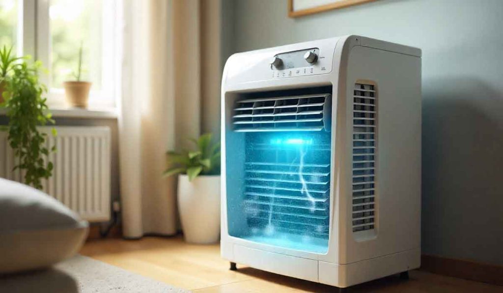 Portable air cooler blowing cold air in a sunlit room beside a window and indoor plants
