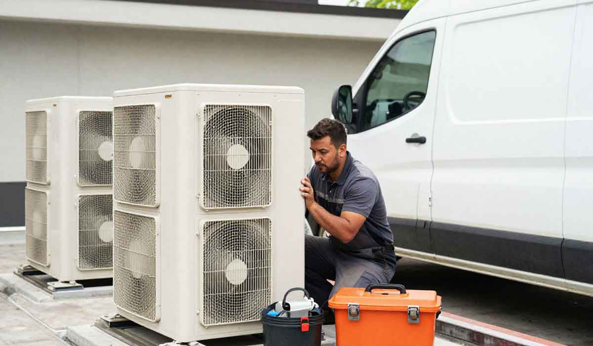 HVAC technician servicing dual outdoor condenser units beside a white service van