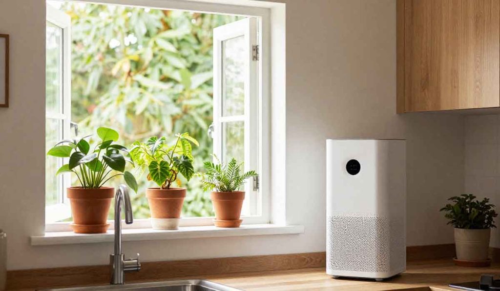 White air purifier on a kitchen counter beside an open window and potted plants