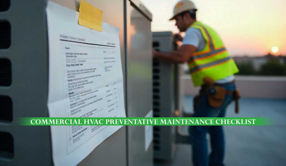 Featured image of technician checking a commercial HVAC maintenance checklist during rooftop service