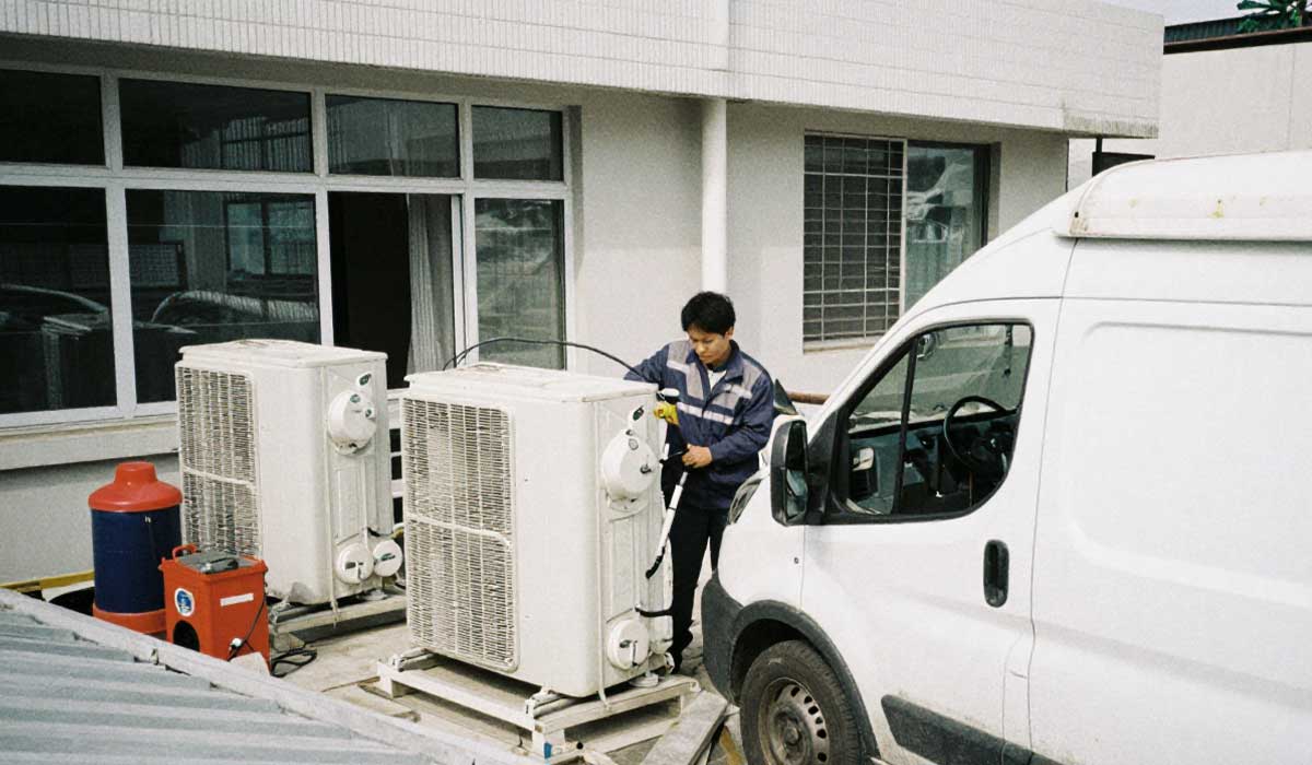 HVAC technician servicing two outdoor condenser units beside a white service van outside a building