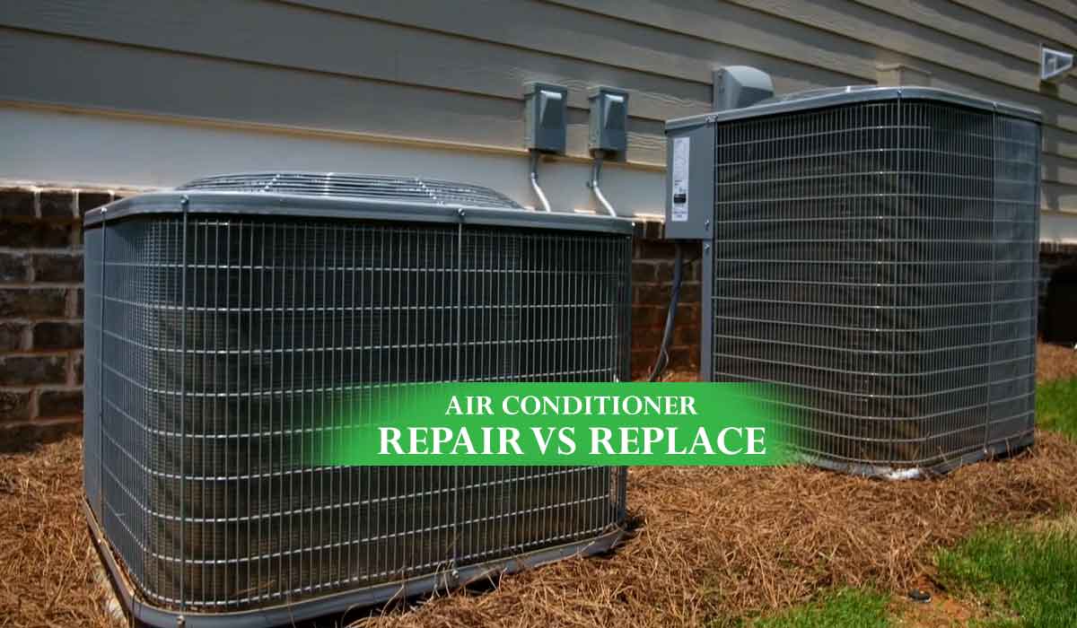 Featured image comparing two outdoor AC units for an article about air conditioner repair vs replacement
