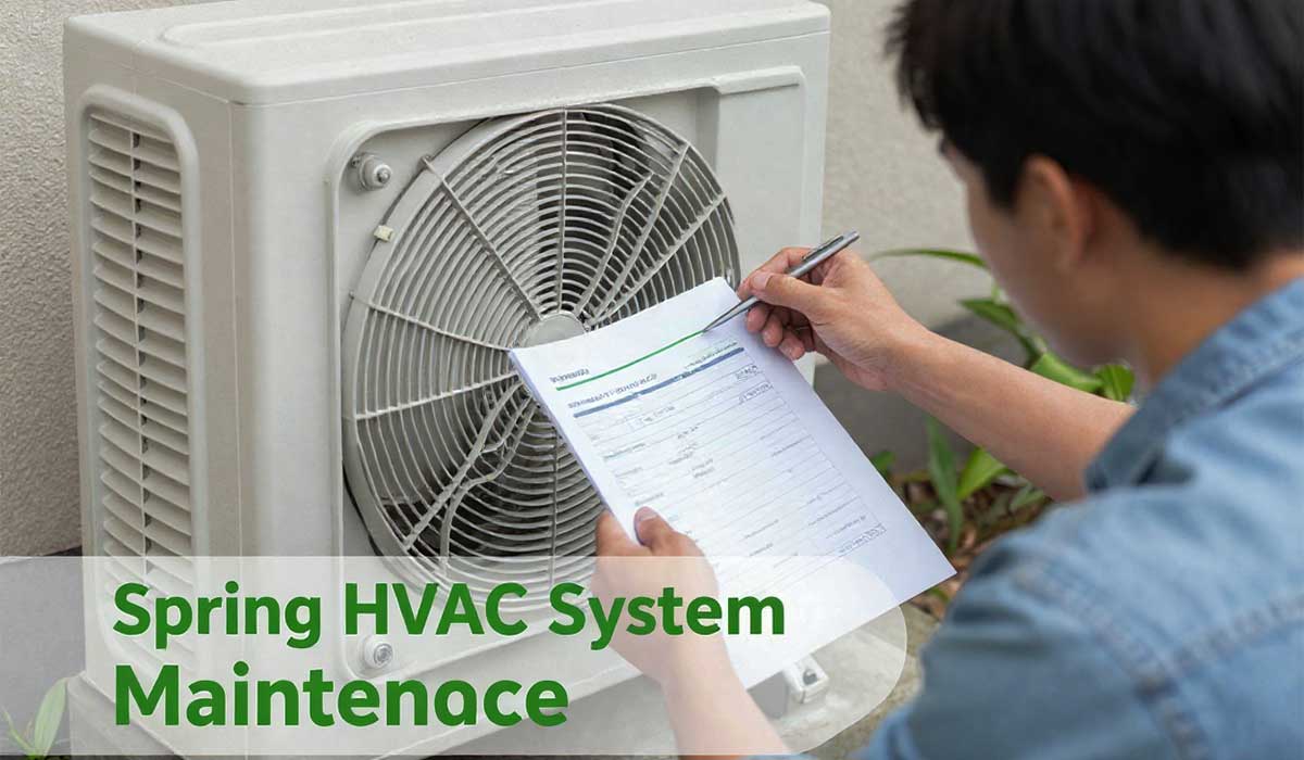 Technician inspecting an outdoor HVAC condenser during spring system maintenance.