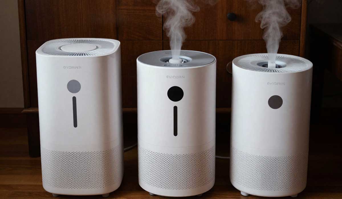 Three white humidifiers releasing mist indoors on a wooden floor