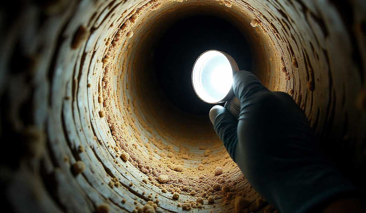 Flashlight illuminating dust buildup inside an HVAC air duct during inspection