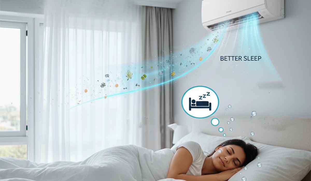 Woman sleeping in bed as wall-mounted AC blows cool air, illustrating better sleep and indoor comfort
