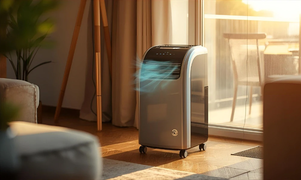 Portable air conditioner cooling a sunlit living room near a sliding glass door