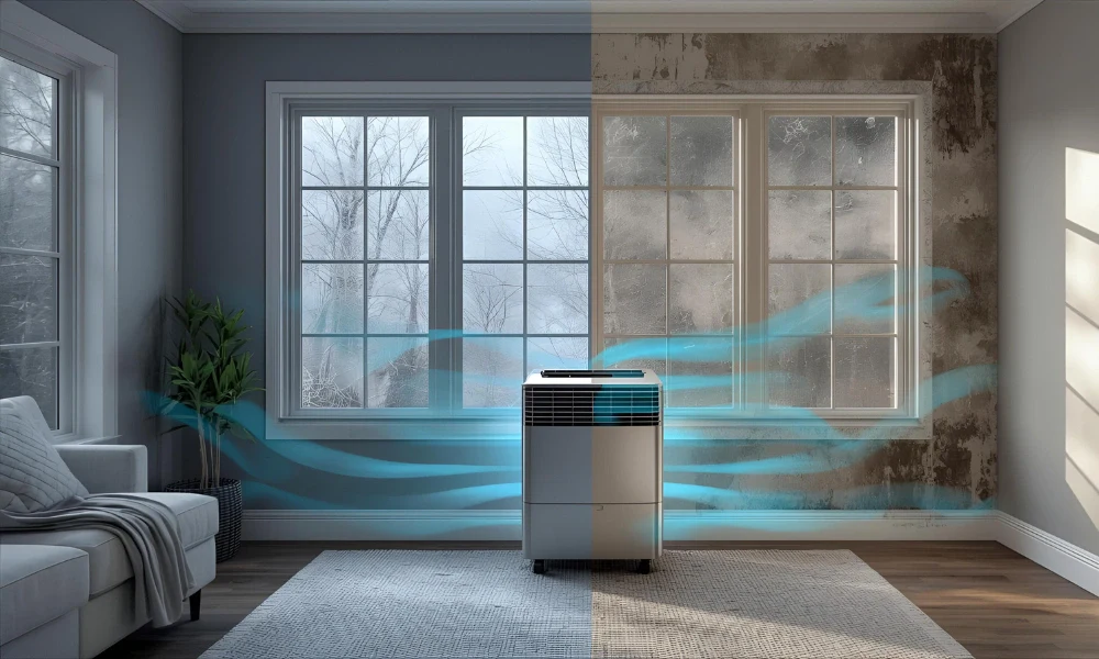 Room with dehumidifier showing clean window vs moldy condensation, illustrating impact of excess humidity.