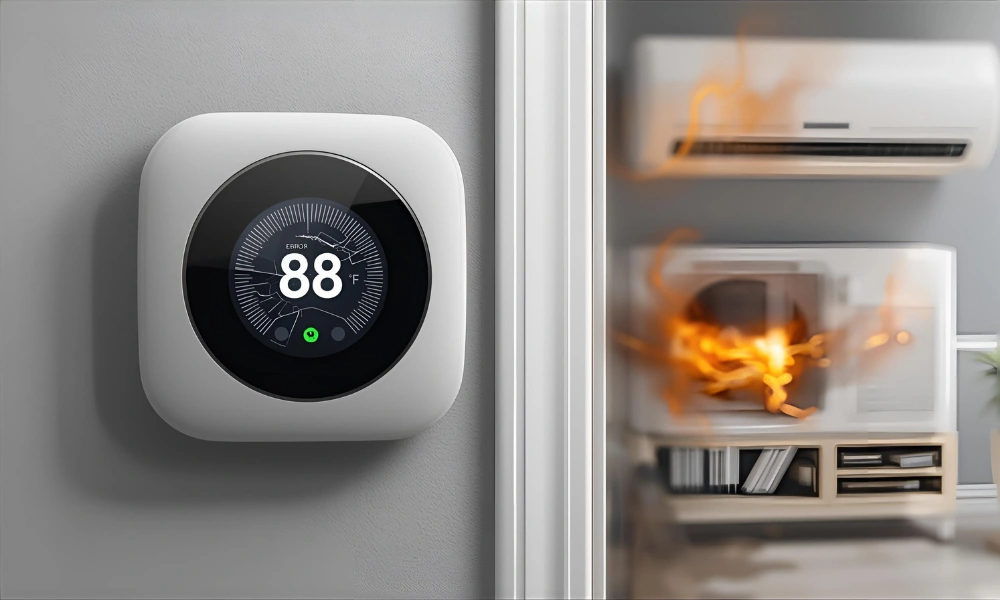 Smart thermostat showing 88°F error next to AC and cabinet unit, illustrating impacts of a bad thermostat on HVAC system.