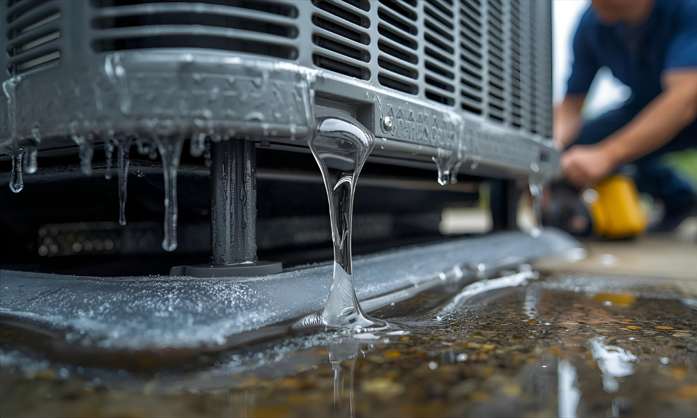Ice and water dripping from an outdoor AC unit during a freezing or drainage problem