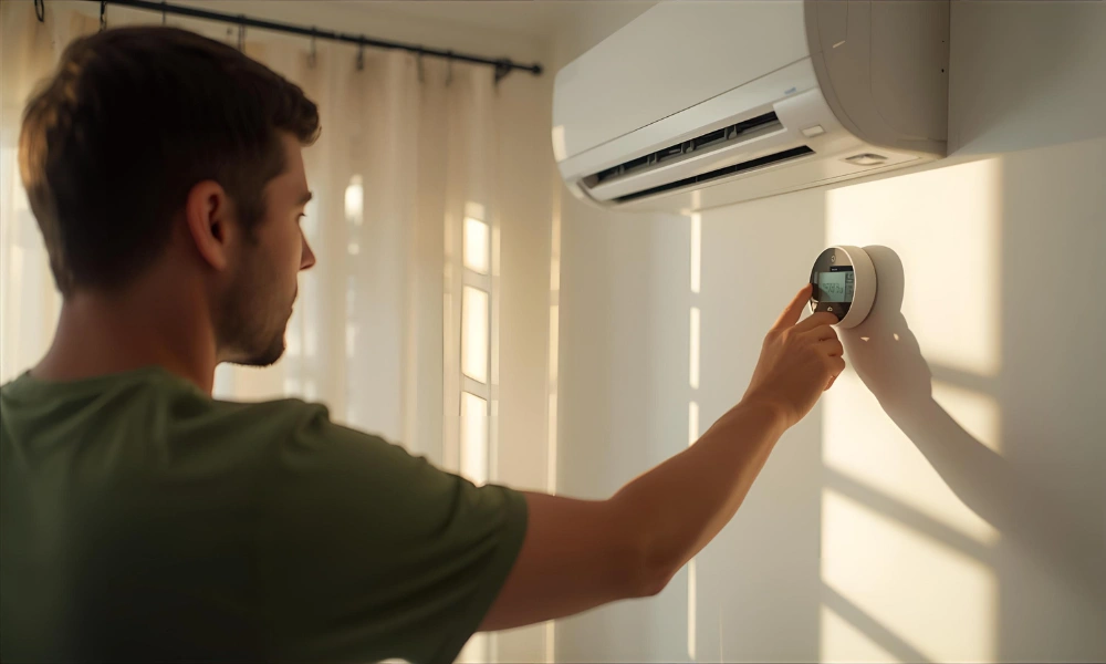 Person adjusting a modern thermostat near an AC unit, demonstrating managing central air while on vacation.