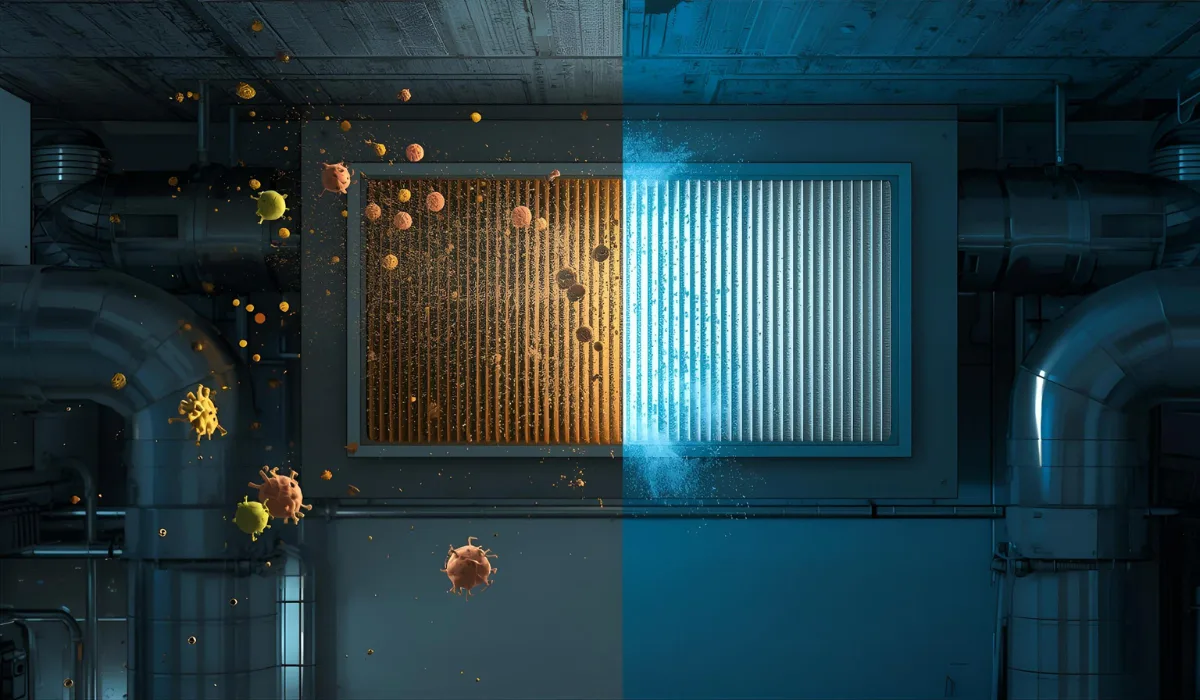 Split HVAC filter image showing a dirty filter with particles versus a clean replacement filter