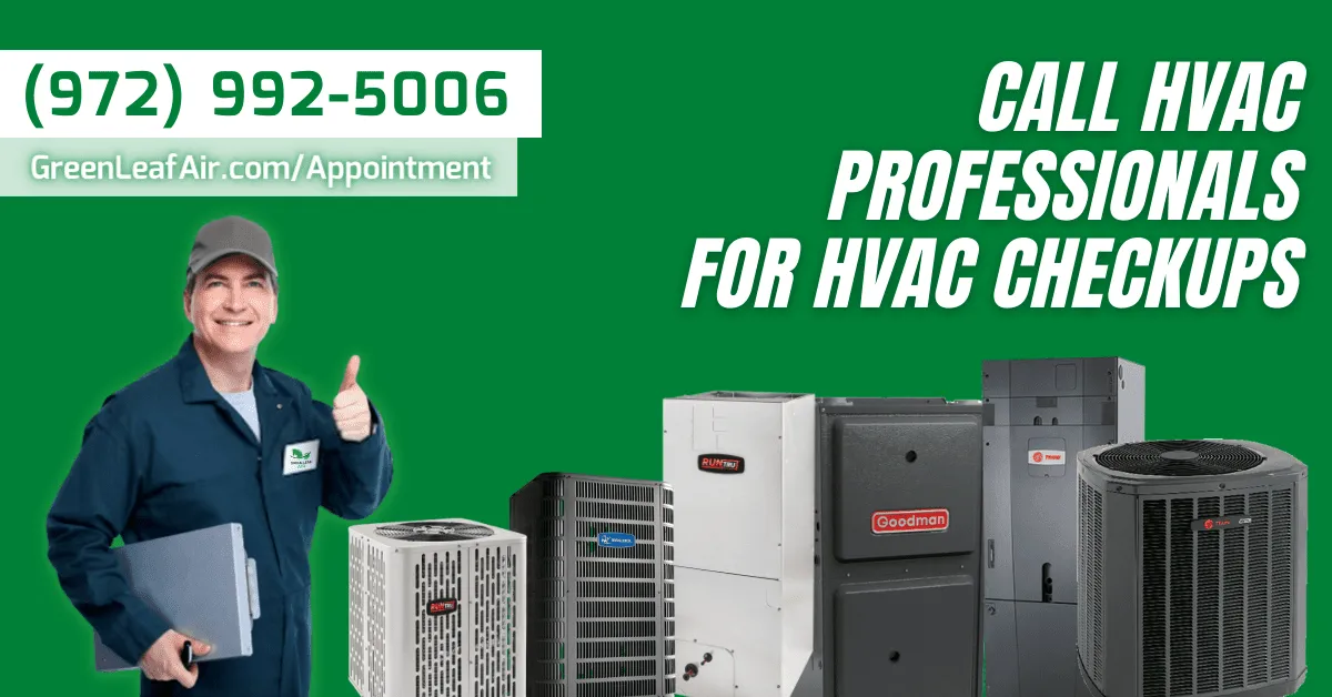 A smiling HVAC technician stands beside various air conditioning units, promoting professional HVAC checkups on a green background.