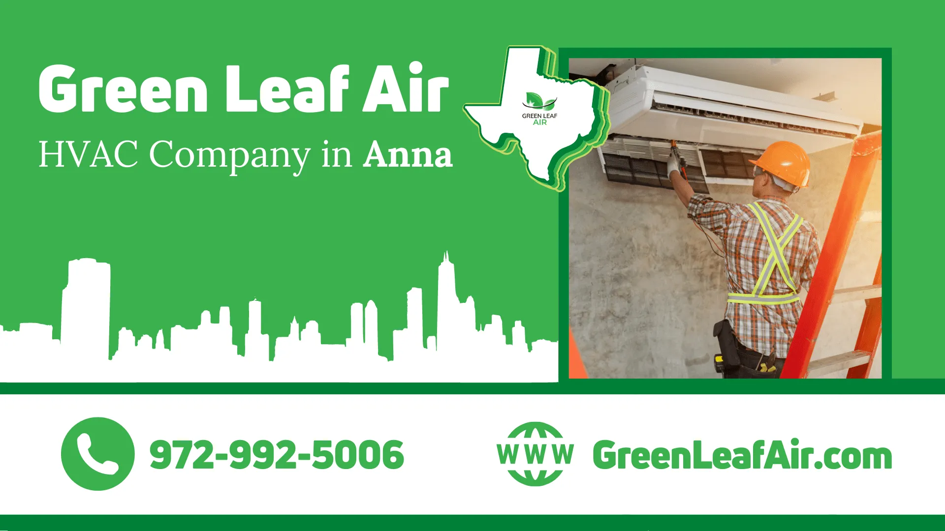 Green Leaf Air provides HVAC services and AC repair in Anna, Texas, featuring a green leaf logo symbolizing eco-friendliness.