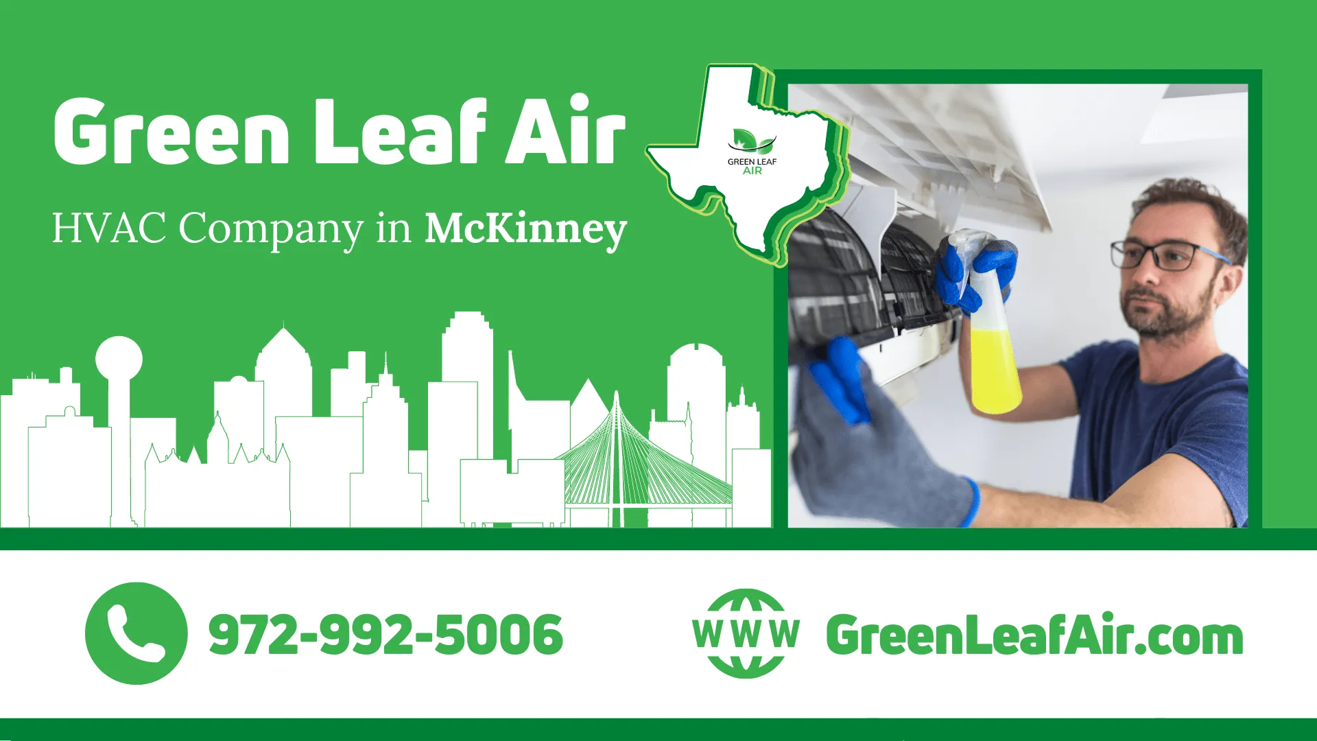 Green Leaf HVAC company emblem, highlighting air conditioning and repair services in McKinney, Texas.
