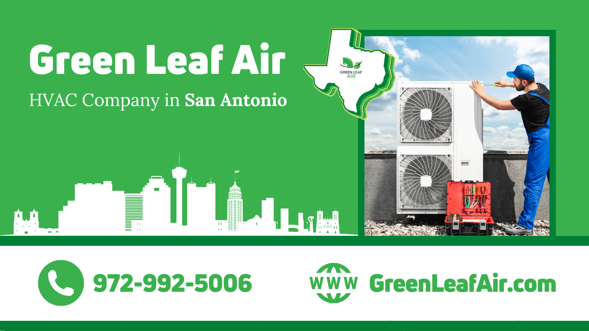 Green Leaf Air Company logo, representing expert AC repair services in San Antonio, TX, with a focus on quality and reliability.