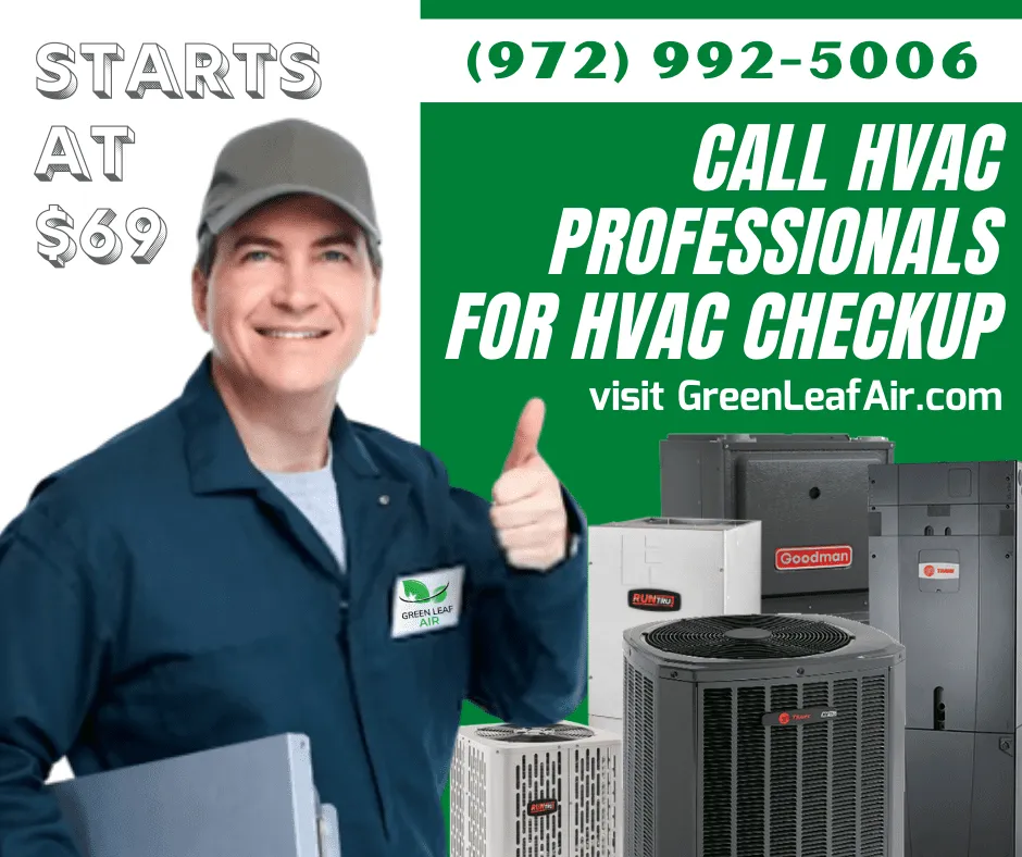 A smiling HVAC technician in a blue uniform and cap gives a thumbs up, surrounded by various HVAC units, promoting checkups starting at $69.