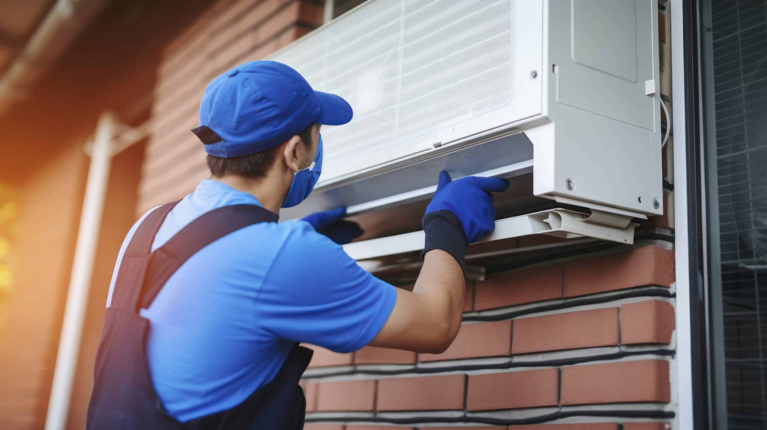 An air conditioning technician in blue attire, gloves, and a mask installs a wall-mounted AC unit on a brick wall, showcasing safe, expert HVAC service.