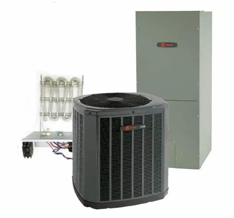 Trane heat pump system with outdoor unit, air handler, and electric heat kit component