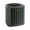 Trane outdoor AC condenser unit isolated on a light gray background.