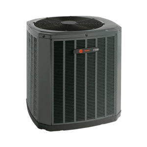 Trane outdoor AC condenser unit isolated on a light gray background.