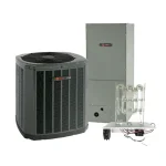 Trane HVAC system package with outdoor condenser, air handler, and electric heat kit.