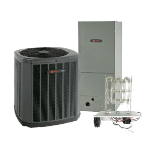 Trane heat pump system with an outdoor condensing unit, indoor air handler, and control panel designed for efficient year-round temperature regulation.