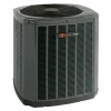 Trane outdoor AC condenser unit isolated on a light gray background.