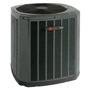 Trane outdoor AC condenser unit isolated on a light gray background.