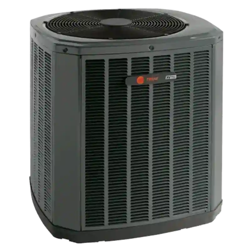 Trane outdoor AC condenser unit isolated on a light gray background.