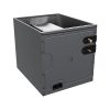 HVAC evaporator coil cabinet with copper line connections on a light gray background.