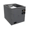 HVAC evaporator coil cabinet with copper line connections on a light gray background.