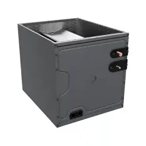 HVAC evaporator coil cabinet with copper line connections on a light gray background.