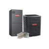 Goodman HVAC system package with indoor air handler, outdoor condenser, and electric heat kit.