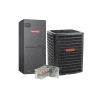Goodman HVAC system package with indoor air handler, outdoor condenser, and electric heat kit.