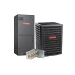 Goodman HVAC system package with indoor air handler, outdoor condenser, and electric heat kit.