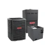 Goodman split HVAC system with outdoor condenser, gas furnace, and evaporator coil on gray background.