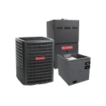 Goodman split HVAC system with outdoor condenser, gas furnace, and evaporator coil on gray background.