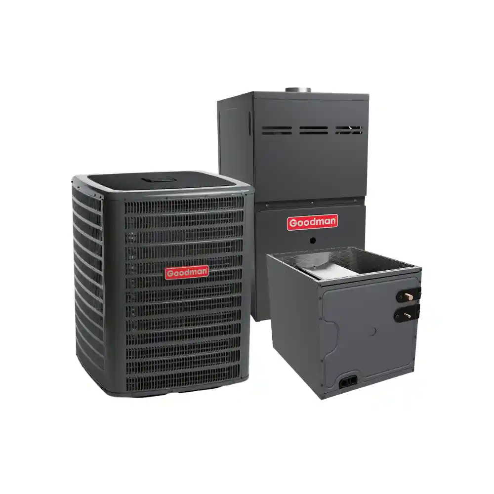 Goodman split HVAC system with outdoor condenser, gas furnace, and evaporator coil on gray background.