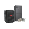Goodman HVAC system package with indoor air handler, outdoor condenser, and electric heat kit.