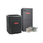Goodman HVAC system package with indoor air handler, outdoor condenser, and electric heat kit.