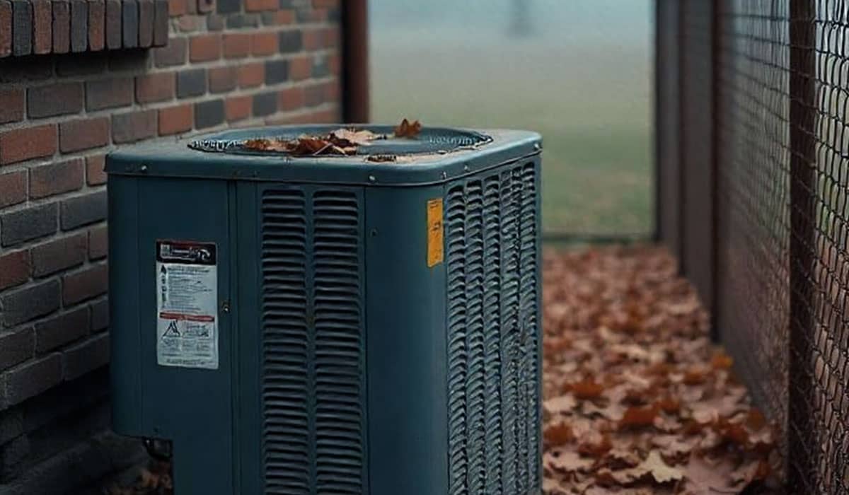 Outdoor AC condenser unit beside a brick wall with fallen leaves during seasonal maintenance.