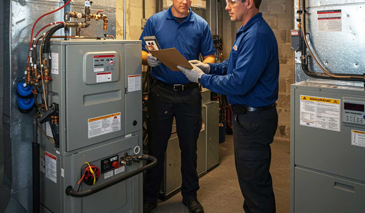 Two HVAC technicians inspecting indoor heating equipment and reviewing service notes in a utility room.