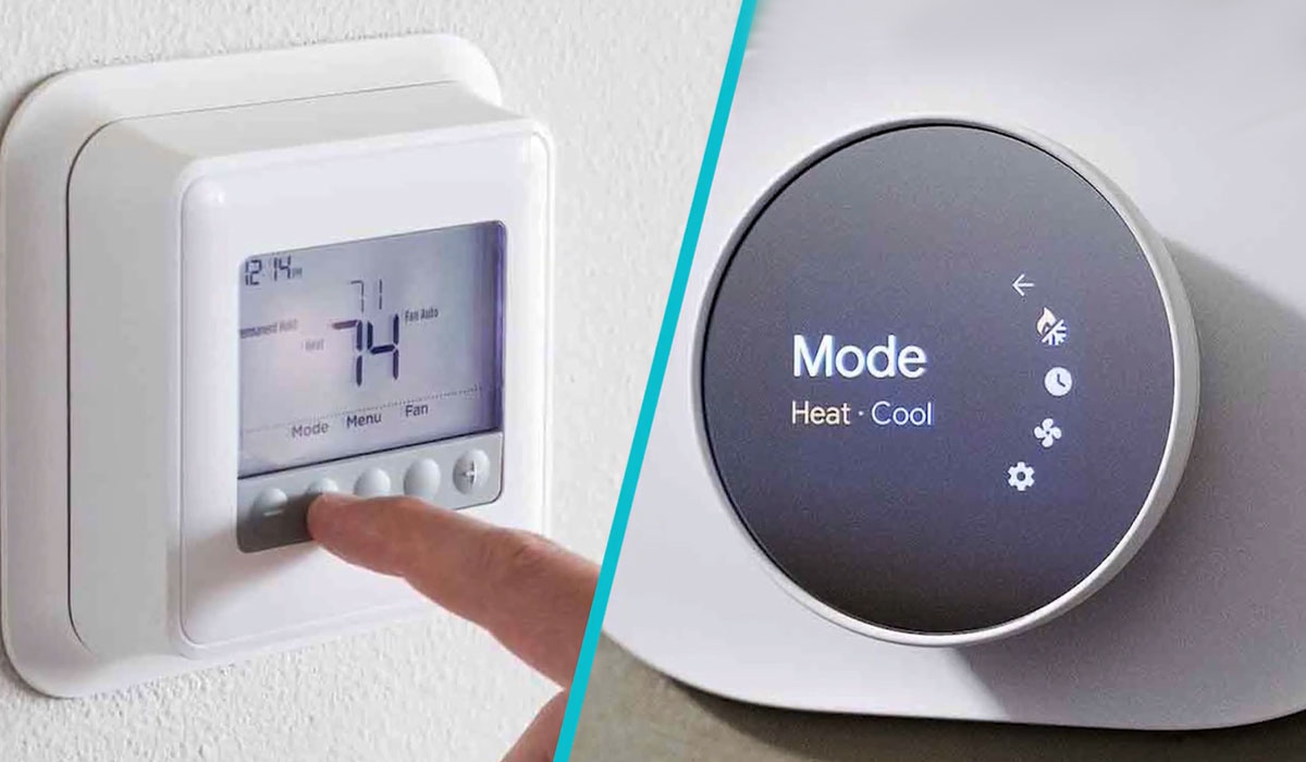 Split image of a standard thermostat and smart thermostat showing HVAC mode control options.