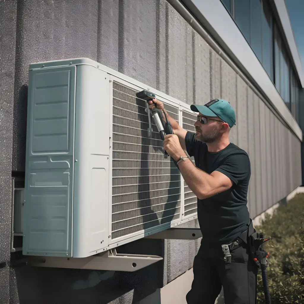 A skilled technician from Green Leaf Air in Texas works on an air conditioner, demonstrating professional HVAC repair.