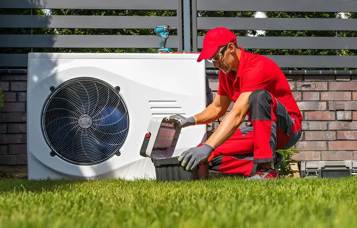 A technician in a red uniform crouches on green grass, inspecting an outdoor AC unit with tools nearby—highlighting HVAC services in North Carolina.
