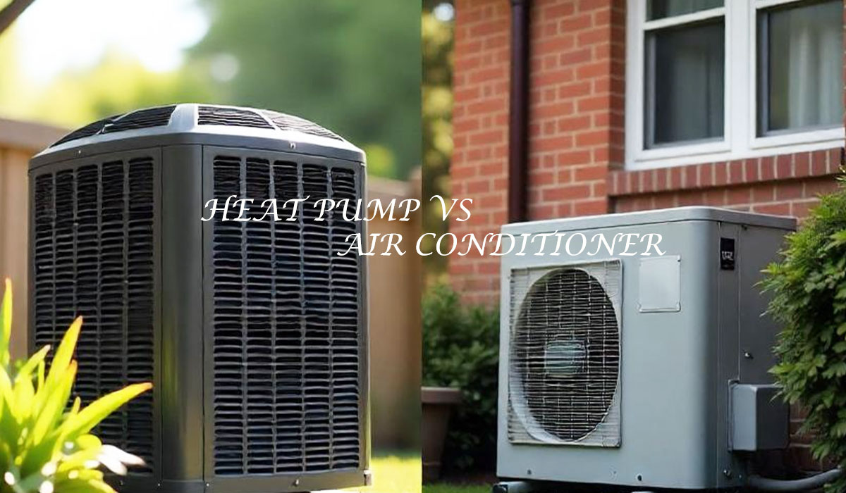 Split image comparing outdoor heat pump and air conditioner units beside homes
