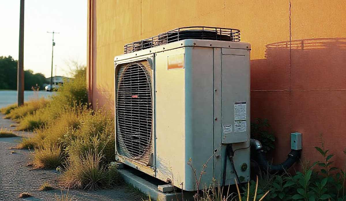 Outdoor HVAC condenser unit installed beside a commercial building exterior wall.