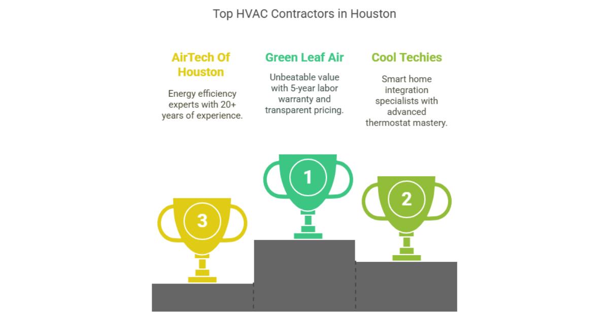 Houston HVAC contractor ranking with Green Leaf Air first, Cool Techies second, and AirTech of Houston third.